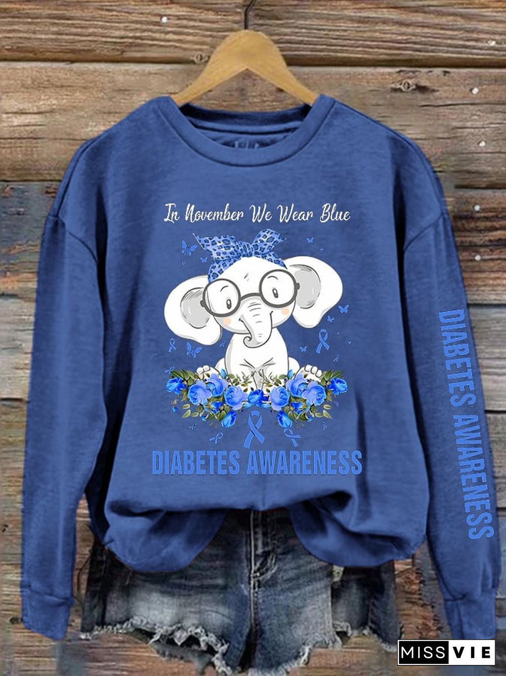 Women's Diabetes Awareness In November We Wear Blue Elephant Print Sweatshirt