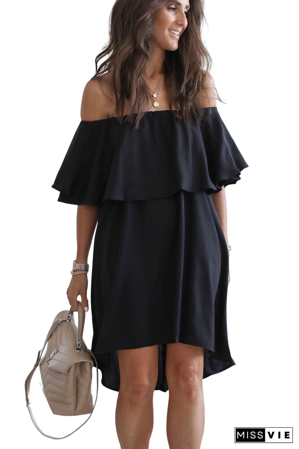 Black Off The Shoulder Ruffle Casual Shift Dress