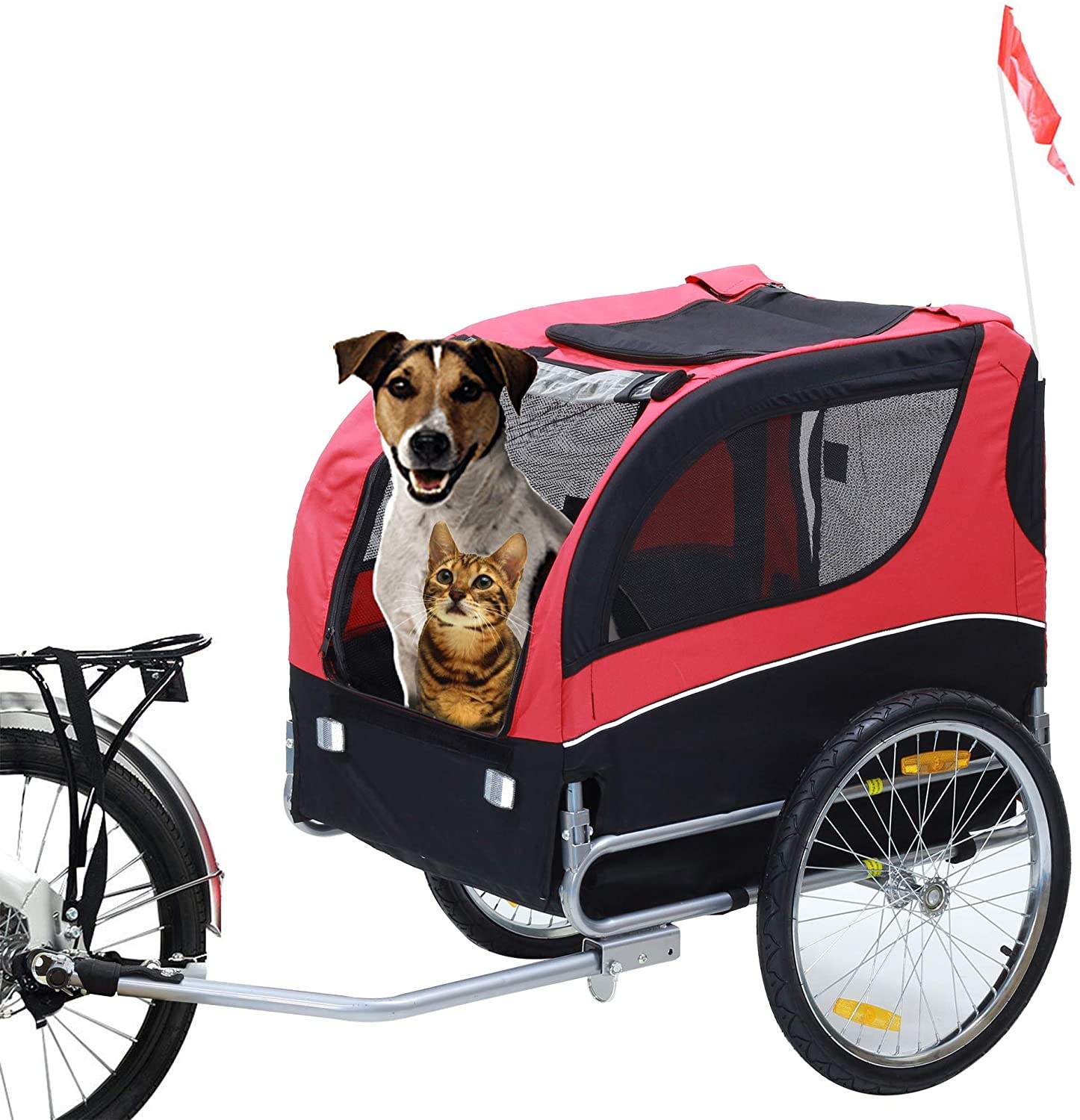 Dog Bike Trailer Foldable Tow Behind Pet Bicycle Trailer Dog Cat Travel Carrier Cycling with Hitch Safety Flag