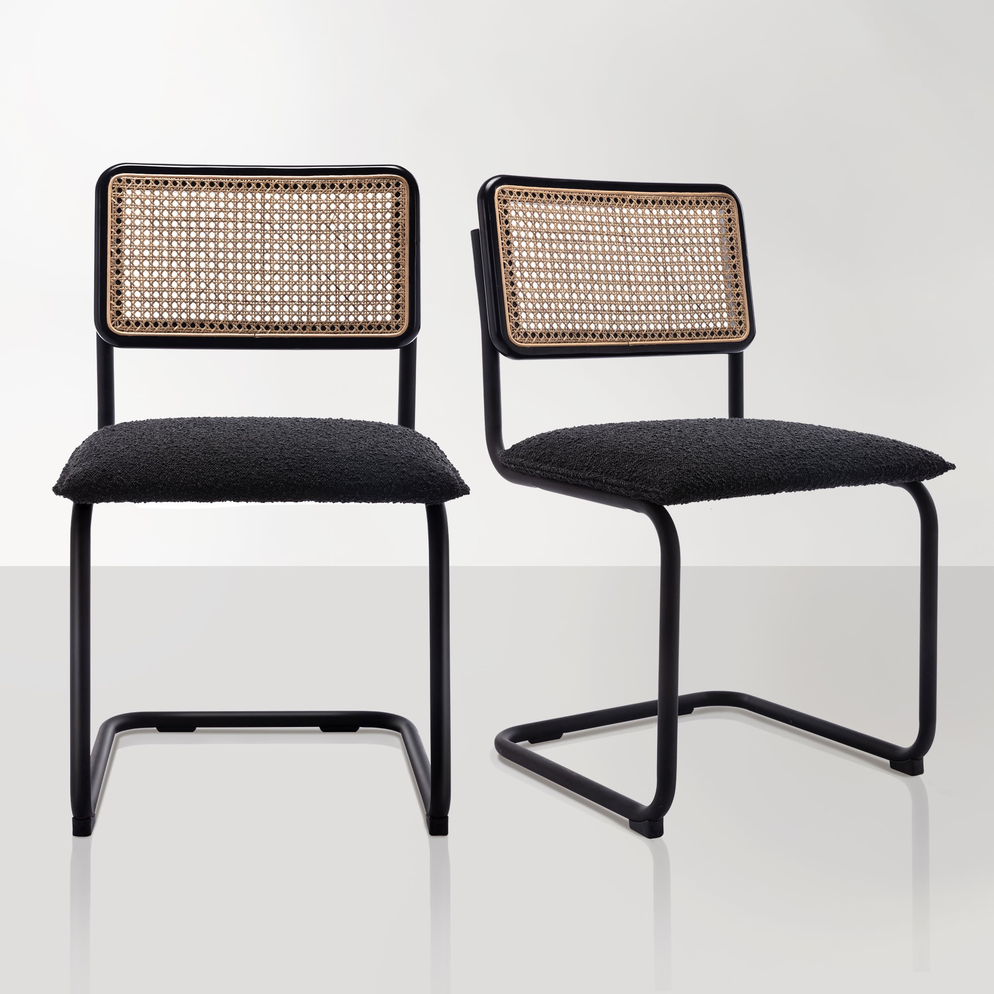 Zesthouse Rattan Dining Chairs Set of 2, Boucle Dining Room Chair with Black Metal Legs and Cane Back, Mid-Century Modern Upholstered Fabric Kitchen Side Chair, Black