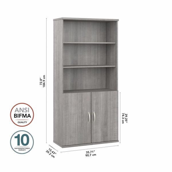 Bush Business Furniture Hybrid Tall 5 Shelf Bookcase with Doors in Platinum Gray