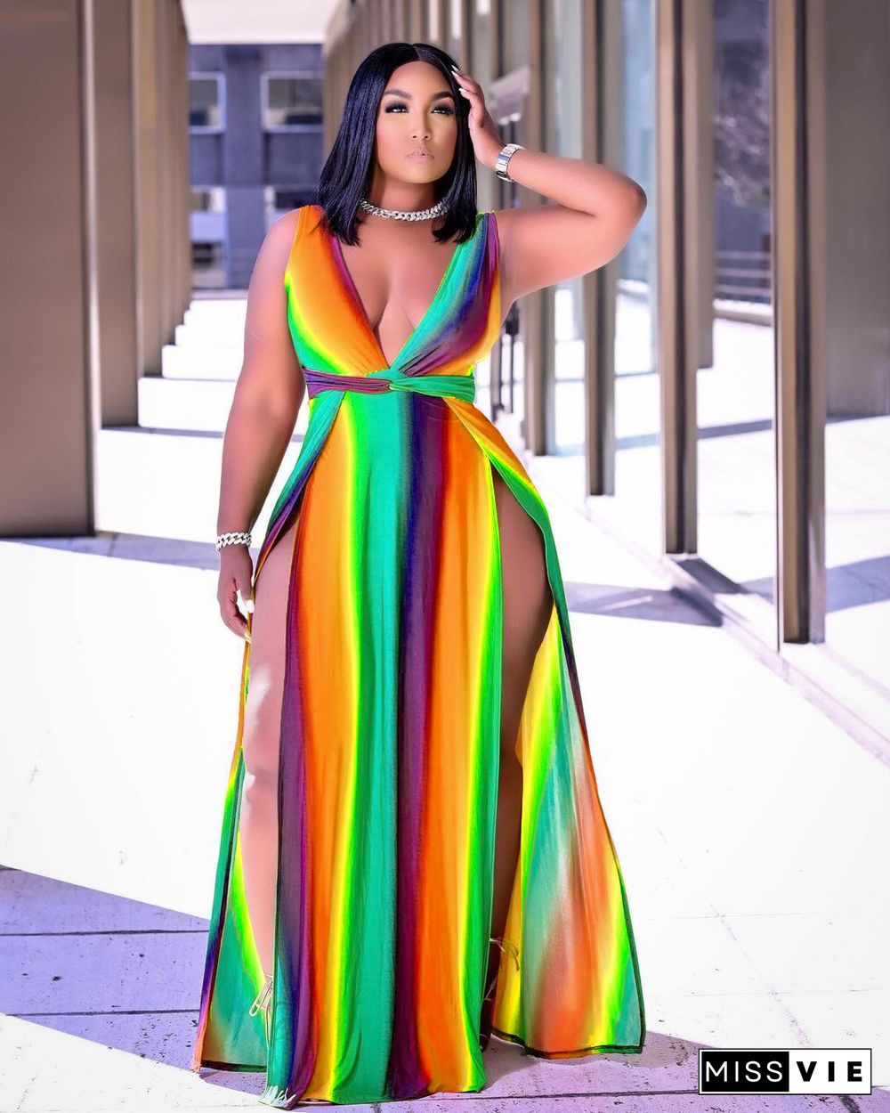 Rainbow Striped Bohemian Beach Plus Size Dresses