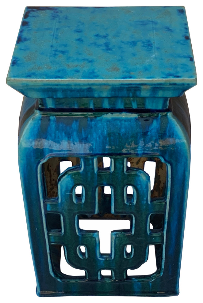 Chinese Ceramic Square Turquoise Green Knot Garden Stand Table Hcs7286   Asian   Accent And Garden Stools   by Golden Lotus Antiques  Houzz