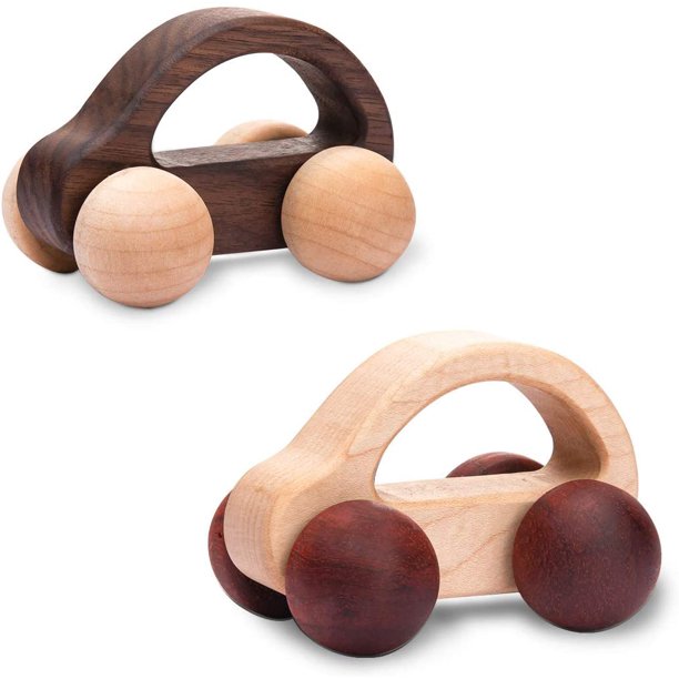 Organic Baby Push Car Wooden Toys 2pc Wood Car and Fine Movement Development and Infant Grasping Montessori Toys