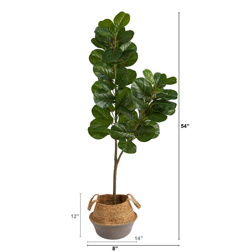 Nearly Natural 4.5 ft. Green Fiddle Leaf Fig Artificial Tree with Boho Chic Handmade Cotton and Jute White Woven Planter T2912