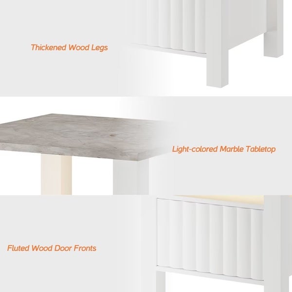 Side End Table with LED Light， White Nightstand with Cabinet(Set of 2)