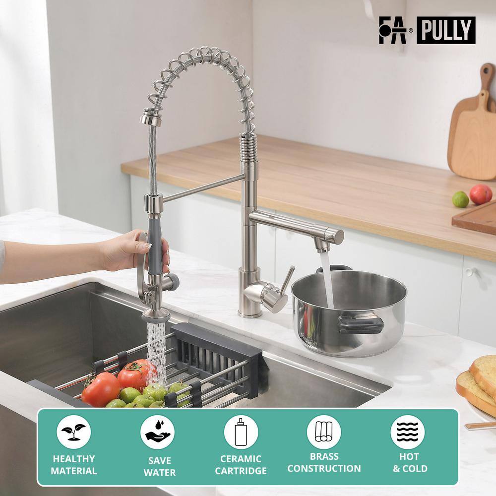 Fapully Spring Single-Handle Pull Down Sprayer Kitchen Faucet Commercial High Goosenck Kitchen Sink Faucet in Brushed Nickel 100550N