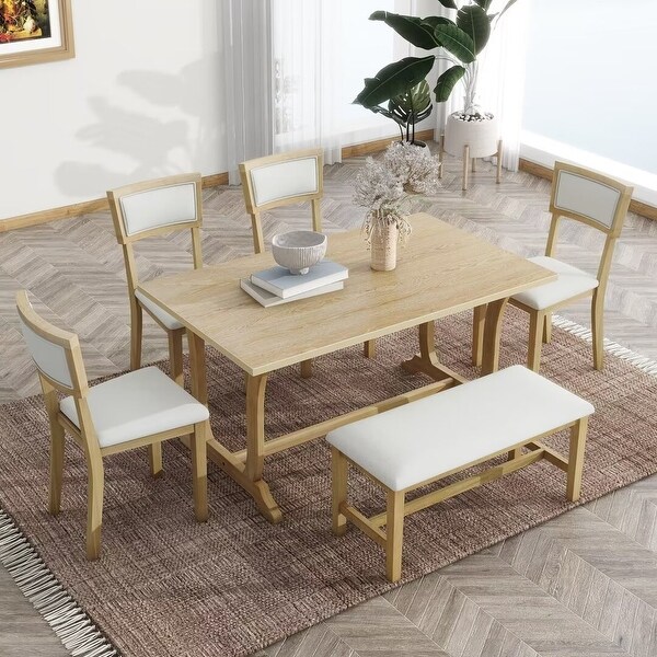 6Piece Trestle Dining Table Set w/ Upholstered Dining Chairs and Bench