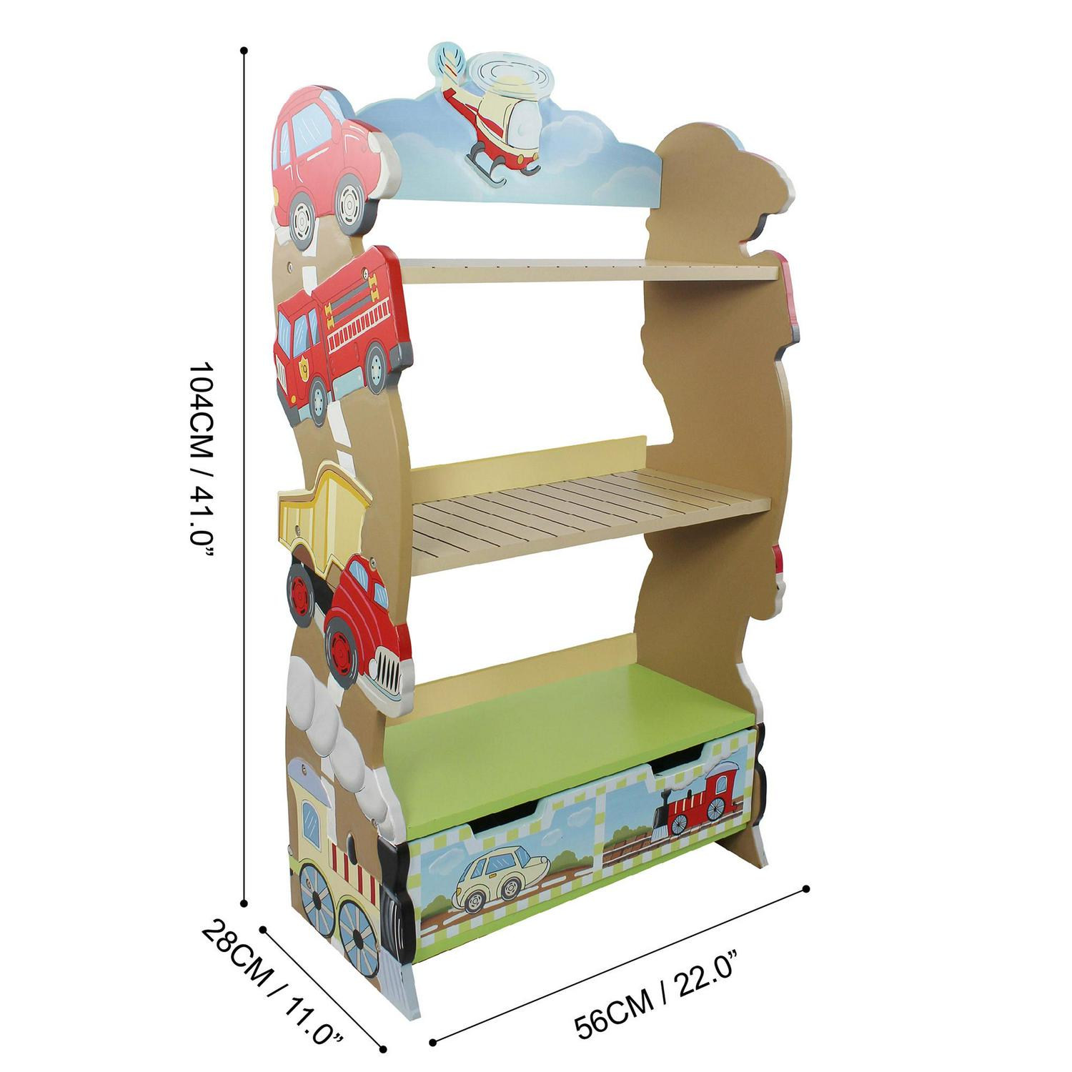 Fantasy Fields Transportation Kids Wooden Bookshelf with Storage Drawer， Multicolor