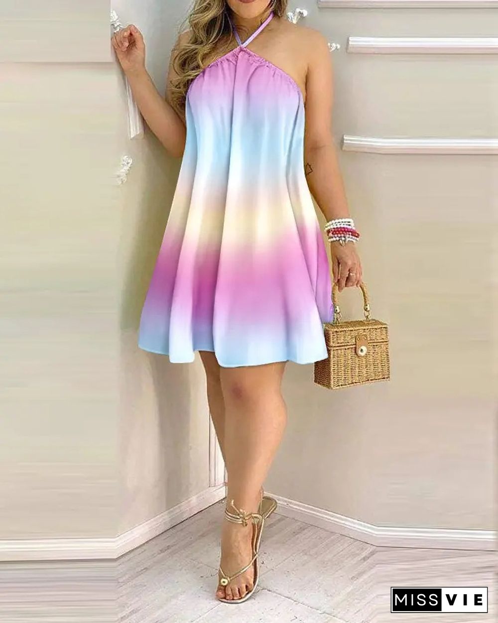 Printed Off-the-shoulder Halterneck Tie Dress