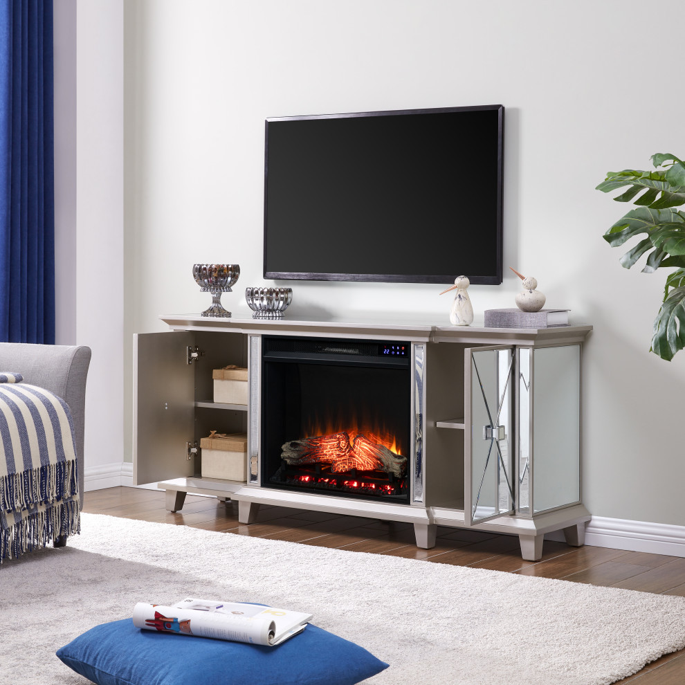 Edensor Mirrored Electric Fireplace Media Console   Transitional   Entertainment Centers And Tv Stands   by SEI  Houzz