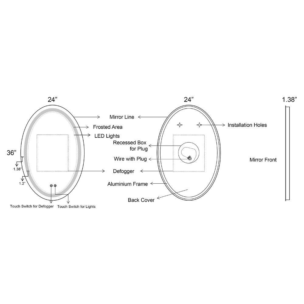 The Urban Port 24 x 36 in. Silver Metal Touch Button Defogger Frosted Edge Oval Frameless LED Illuminated Bathroom Mirror UPT-266402