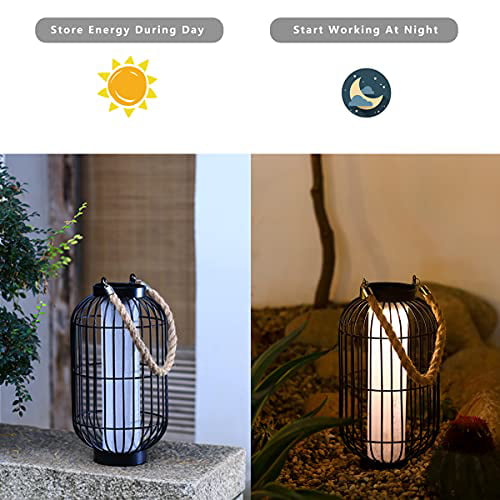 pearlstar Large Solar Powered Lantern Outdoor-Heavy Duty Metal Hanging Lights Decorative Solar Table Lamp Waterproof for Outside Patio Yard Garden Porch Tabletop Decor (Black)