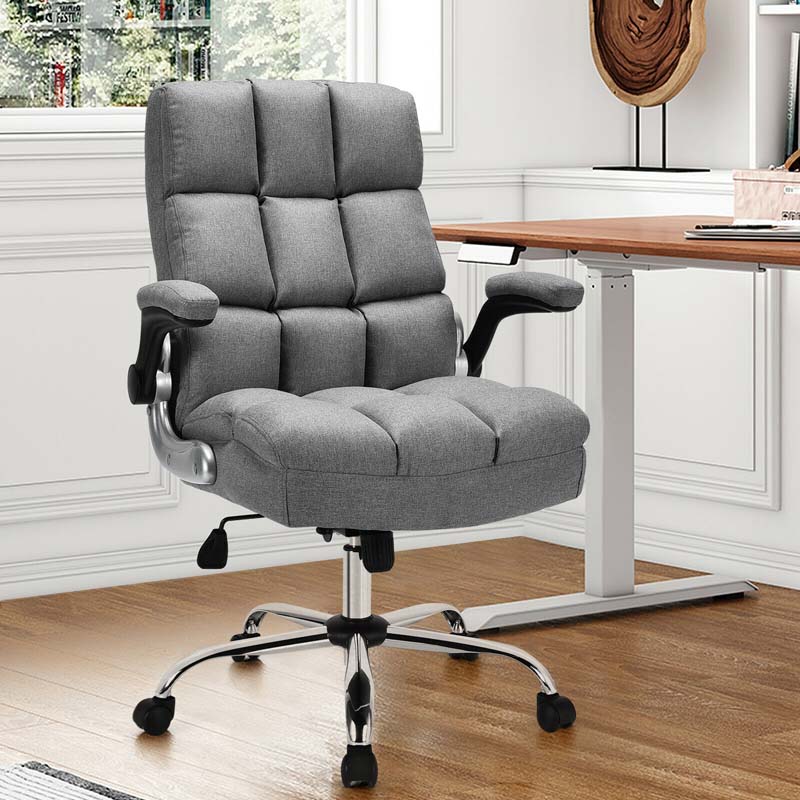 Linen Fabric Thick Padding Big & Tall Executive Office Chair with Flip-up Armrest, Swivel High Back Computer Desk Chair