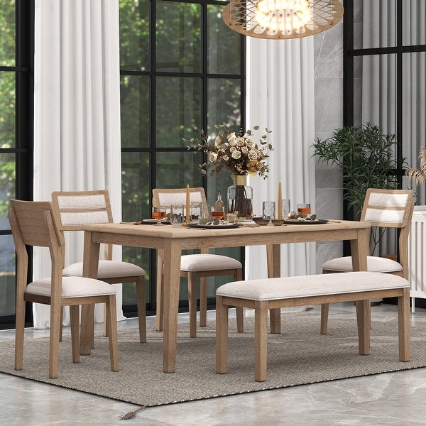 Wooden 6-Piece Dining Table Set， Rectangular Kitchen Dining Table and 4 Upholstered Chairs， 1 Bench for Dining Room