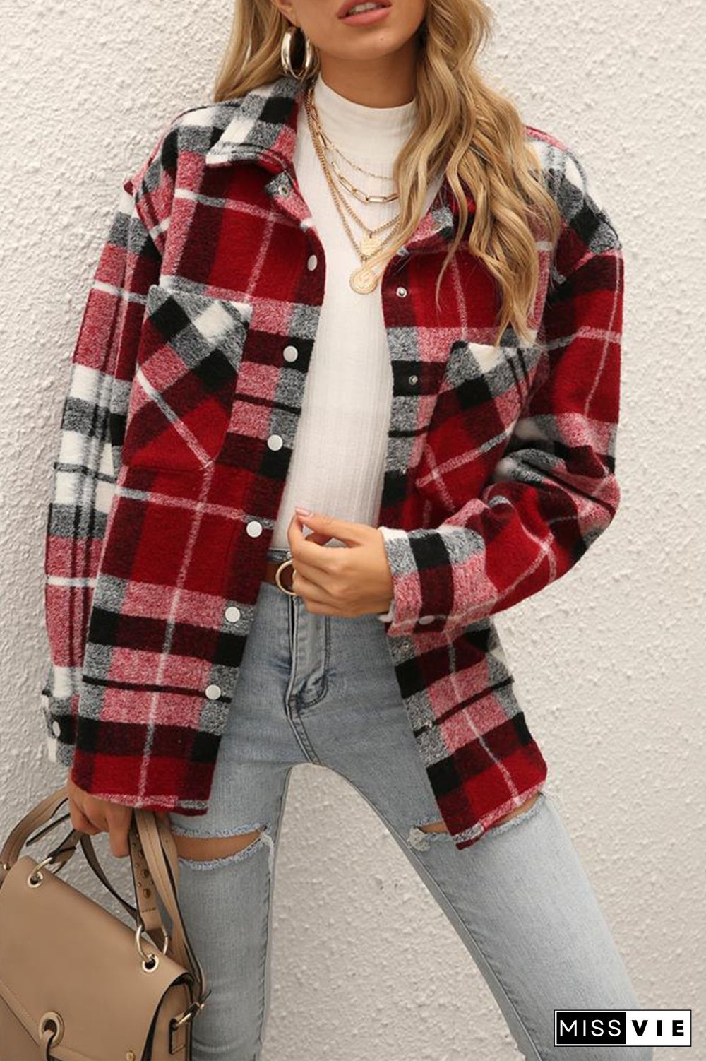 Plaid Single-breasted Thick Coat Women Shacket Jacket Wholesale