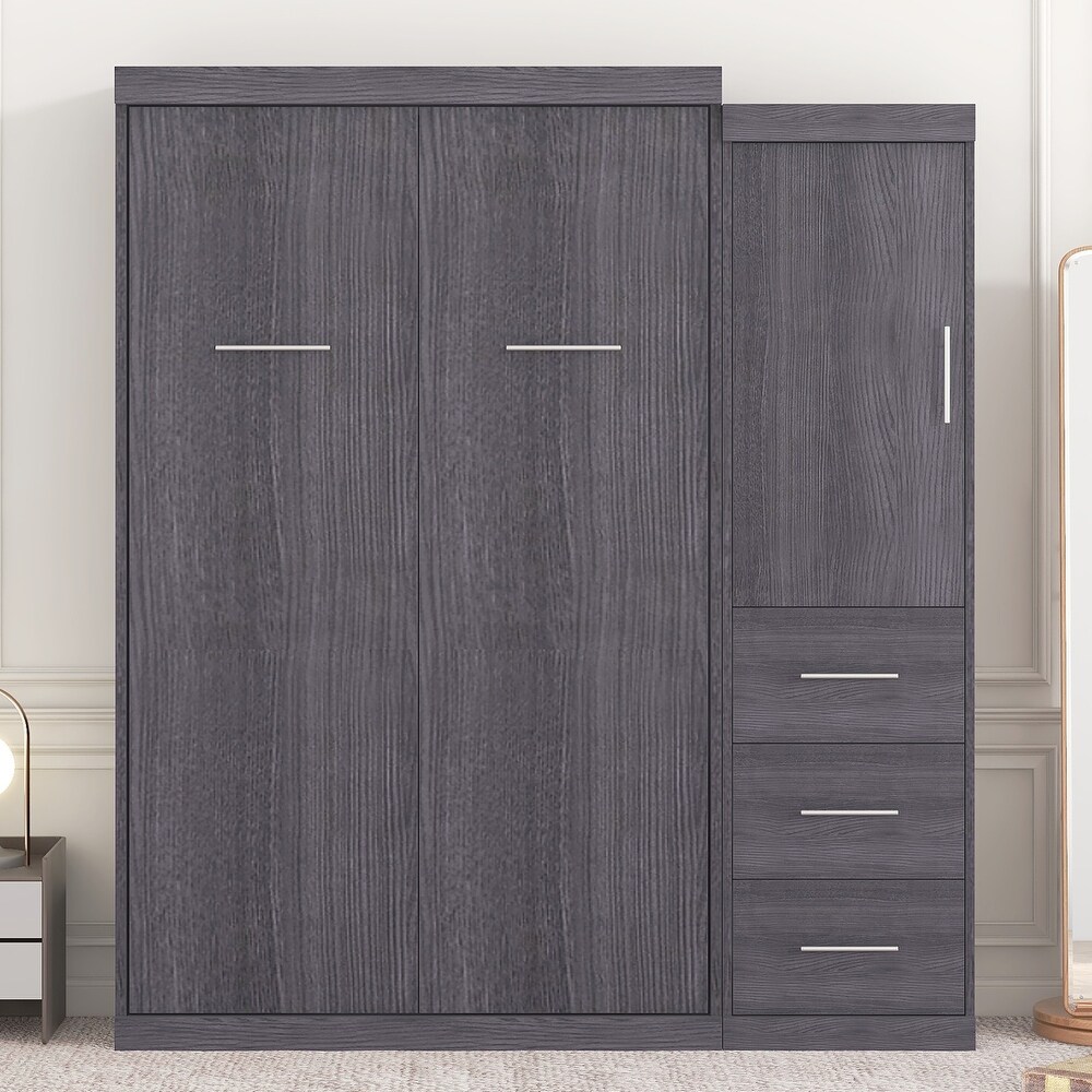 Murphy Bed with Wardrobe and 3 Storage Drawers  Pine Wood Multifunctional Storage Wall Bed  Can be Folded into A Cabinet