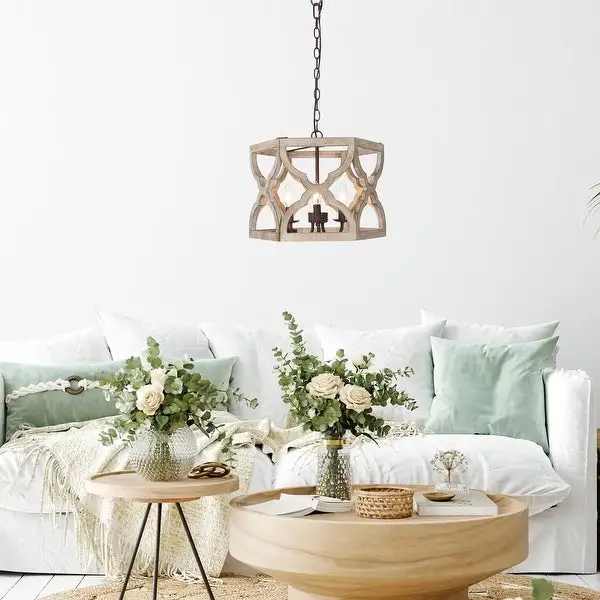 Woodly Farmhouse 3-Light Wood Chandelier Lantern Island Lights for Dining Room - 16.5