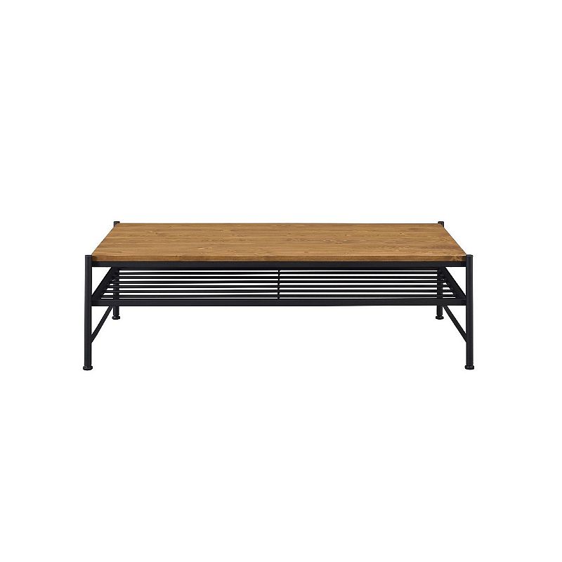 Metal and Wood Coffee Table with Slatted Bottom Shelf，Brown and Black