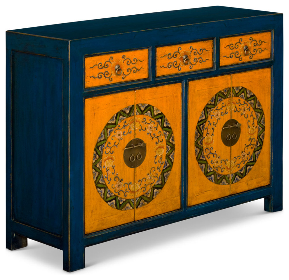 Hand Painted Distressed Blue and Yellow Tibetan Cabinet   Asian   Accent Chests And Cabinets   by China Furniture and Arts  Houzz