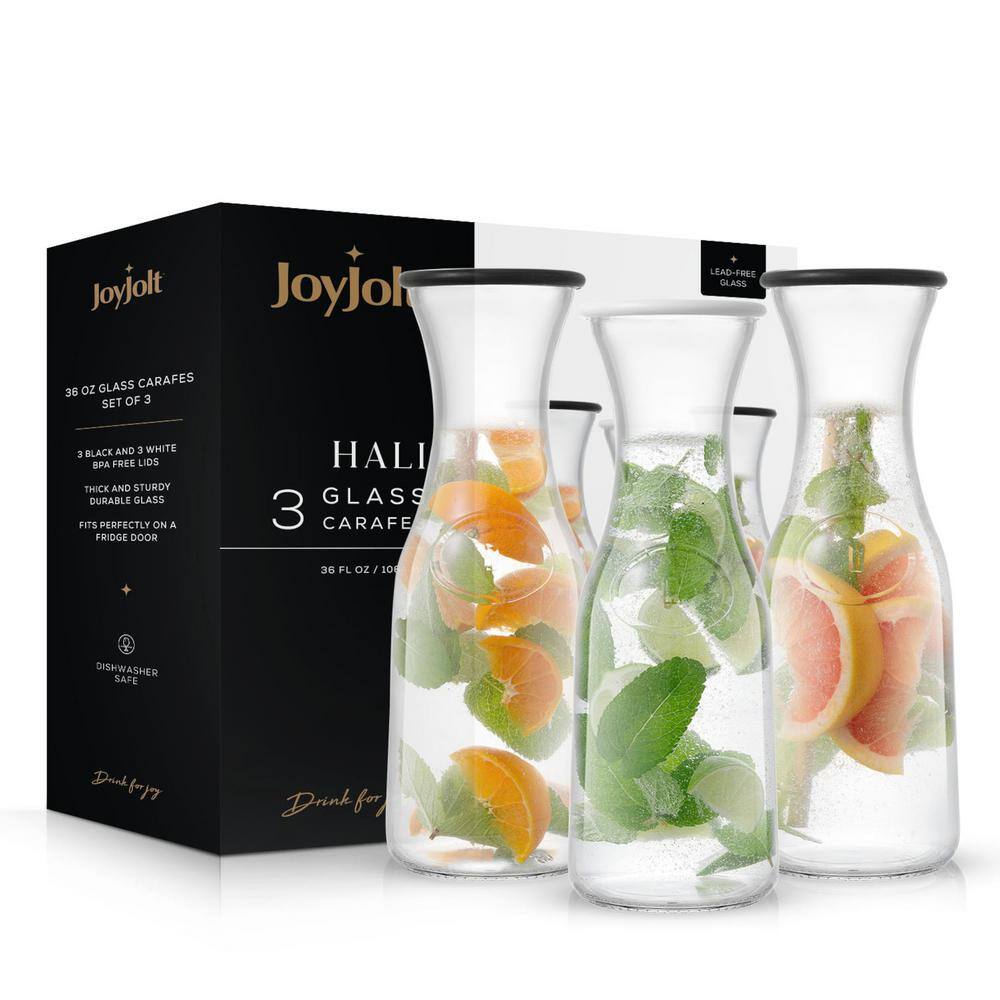 JoyJolt Hali 35 fl. oz. Clear Glass 3-Carafe Bottle Pitcher with 6-Lids JW10521