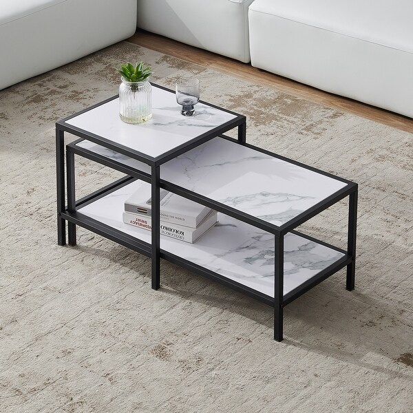 Modern Nesting coffee Table Square and Rectangle(2 pcs)， Black Metal Frame with Wood Marble Top， for Living Room Furniture