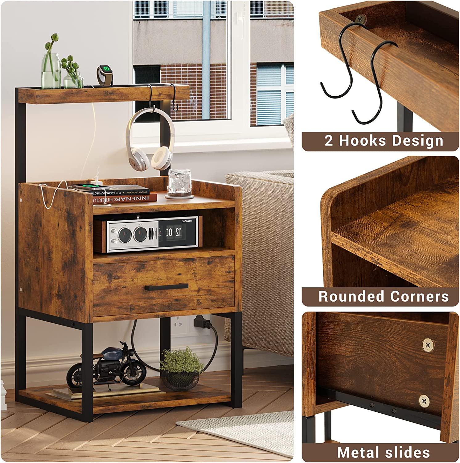 Nightstand Set of 2 with Charging Station and USB Ports, LED Bedside Table, Rustic Brown