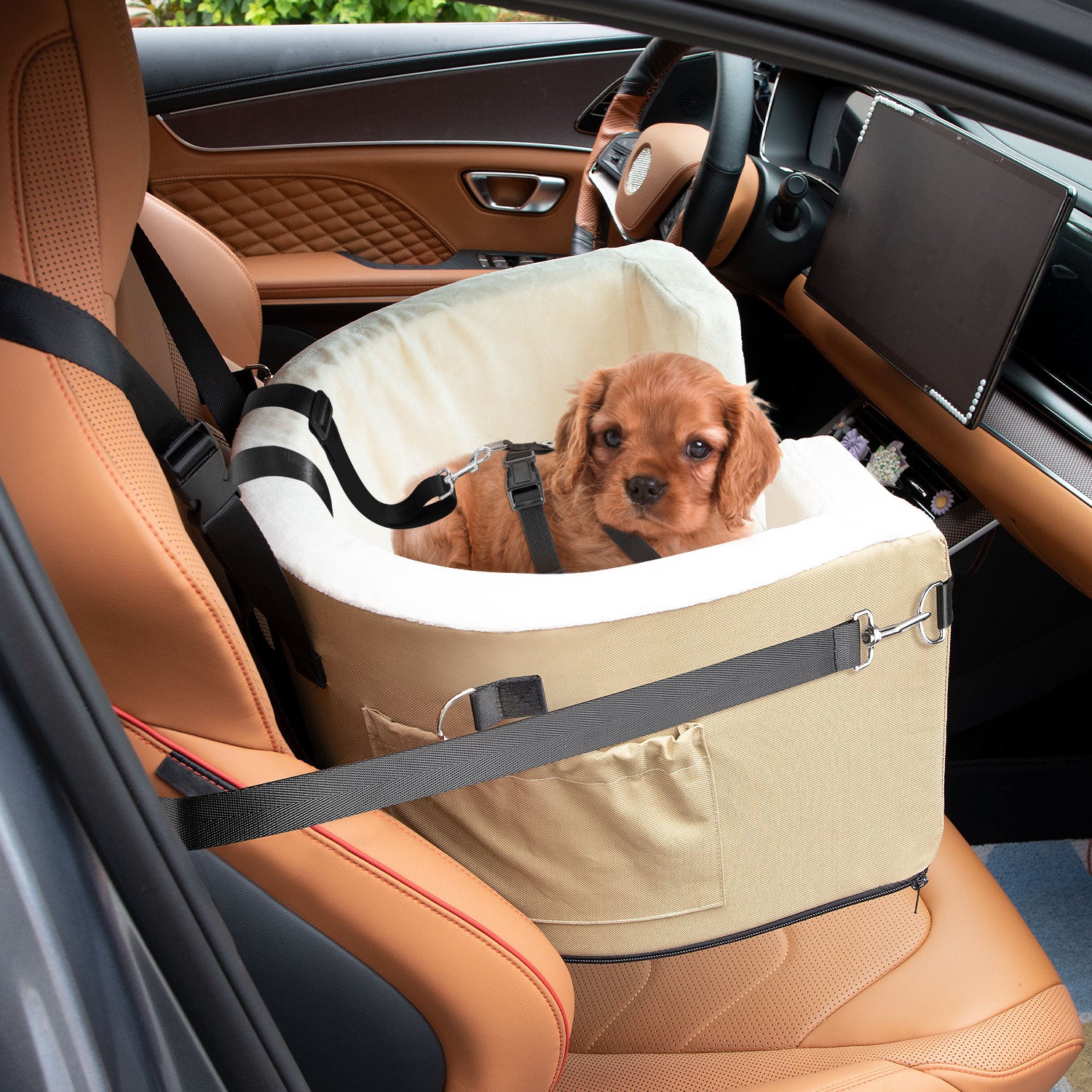 AUTOWT Dog Car Seat for Small Dog， Elevated Lookout Booster Seat with Cushion and Safety Belt， Cover Removable Washable， Supports Pets up to 18lbs