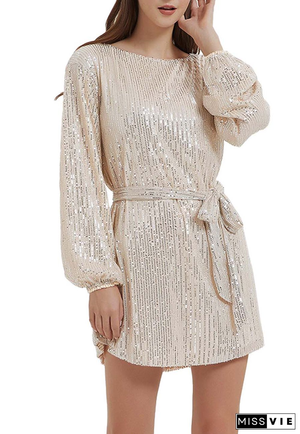 Anna-Kaci Women's Sparkly Sequins Party Dress Long Sleeve Crew Neck Elegant Loose Fashion Dresses