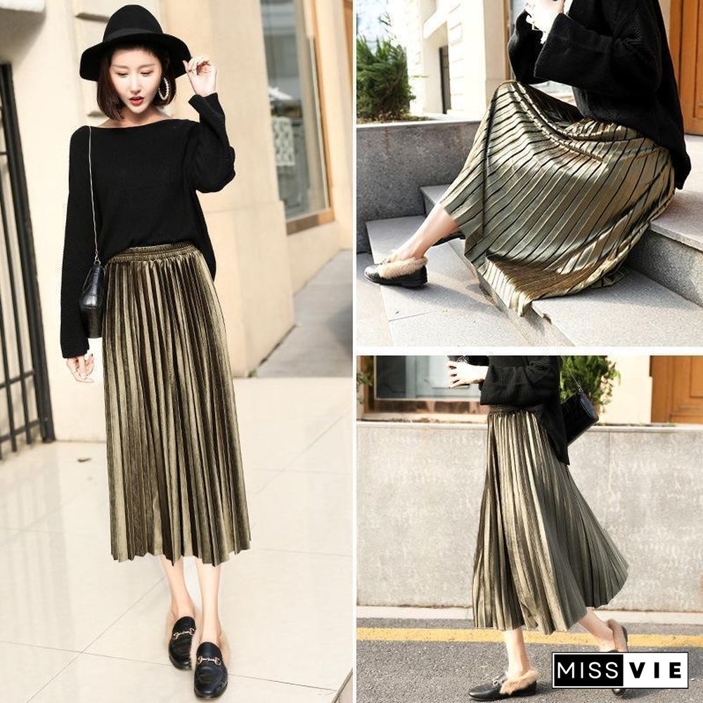 Fasion High Waist Pleated Velvet Skirt