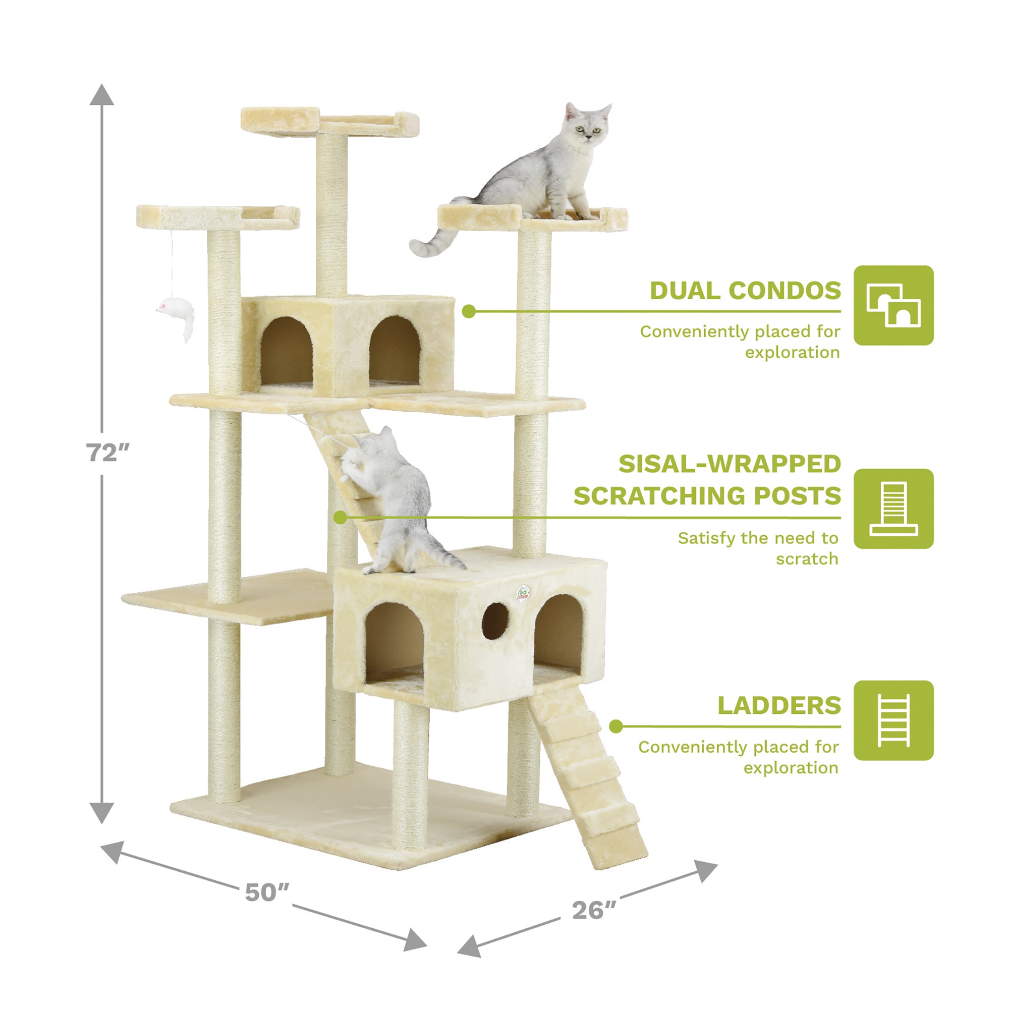 Go Pet Club Classic Beige Cat Tree Furniture with Sisal Scratching Posts， 72