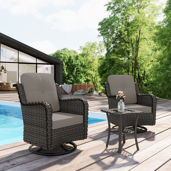 Outdoor 3 Pieces Rattan Wicker Bistro Set Swivel Rocker With Cushion and Table