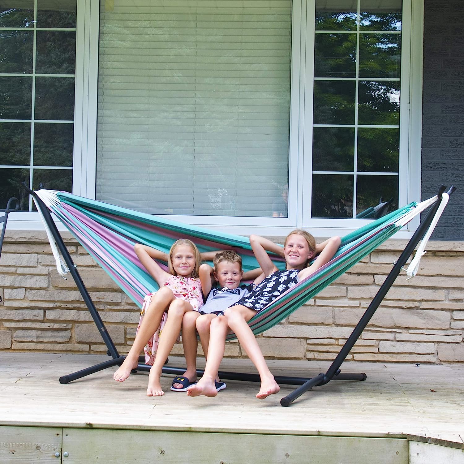 Double Cotton Hammock with Space Saving Steel Stand, Tropical (450 lb Capacity - Premium Carry Bag Included)