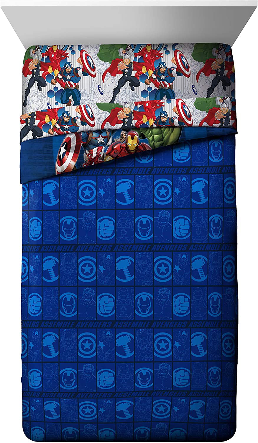 Marvel Avengers Blue Circle 4-Piece Twin Bed Set， 100% Microfiber， Blue， Kid's Superhero Bedding