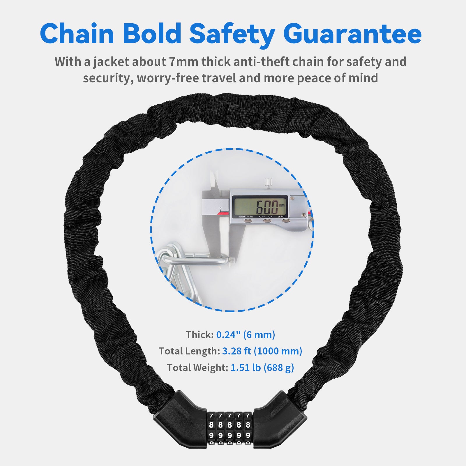 Bike Chain Lock， Bike Locks Heavy Duty Anti Theft with 5 Digit Combination Code， 3.2 feet Long Resettable Bike Locks for Bicycles/Motorcycles/Scooters/Gates (Black)