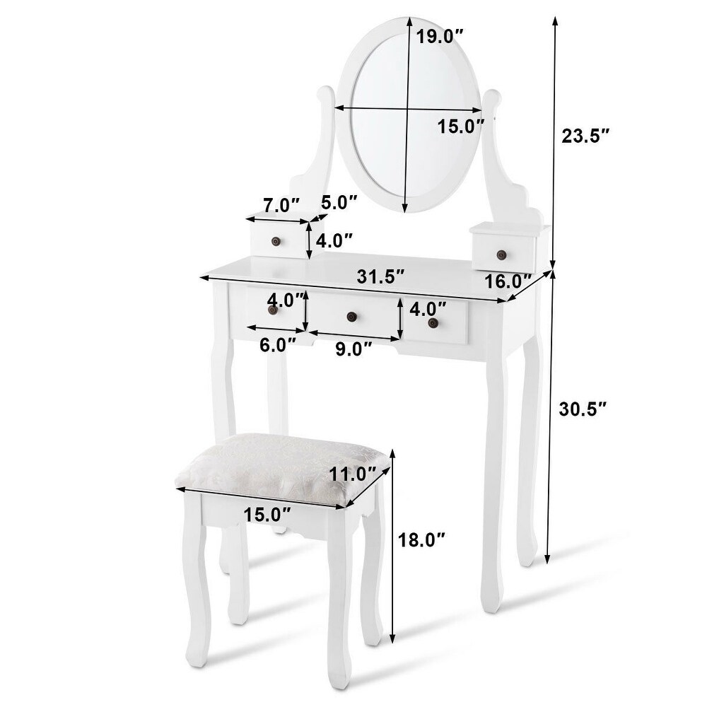 Costway Makeup Desk Vanity Dressing Table Oval Stool 5 Storage Drawers