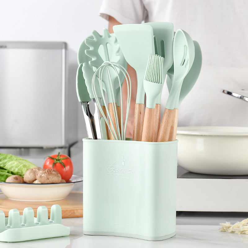 Kitchen Cooking Utensils Set, 11 pcs Non-Stick Silicone Cooking Kitchen Utensils Spatula Set with Holder, Wooden Handle Silicone Kitchen Gadgets Utensil Set