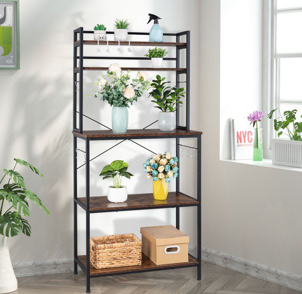 5-Tier Kitchen Bakers Rack with 10 S-Shaped Hooks， Industrial Microwave Oven Stand