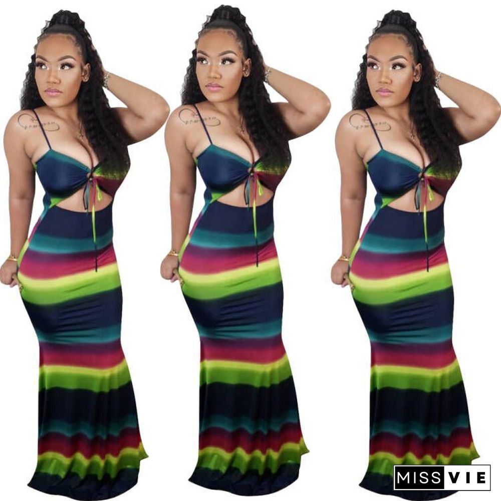 Fashion Beach Style Women's Clothing Deep V Stripes Gradient Print Sleeveless Hollow Out Maxi Dress