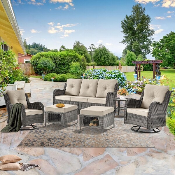 Wicker Patio Furniture Conversation Set with High Back Swivel Chairs and Storage Ottomans，Cushions Included🎃