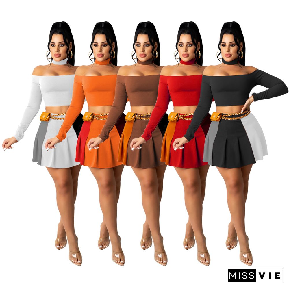 Off Shoulder Crop Top Pleated Mini Skirt Set