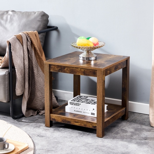 Modern Simple Side Table，Wooden 2-tier End Table with storage shelve