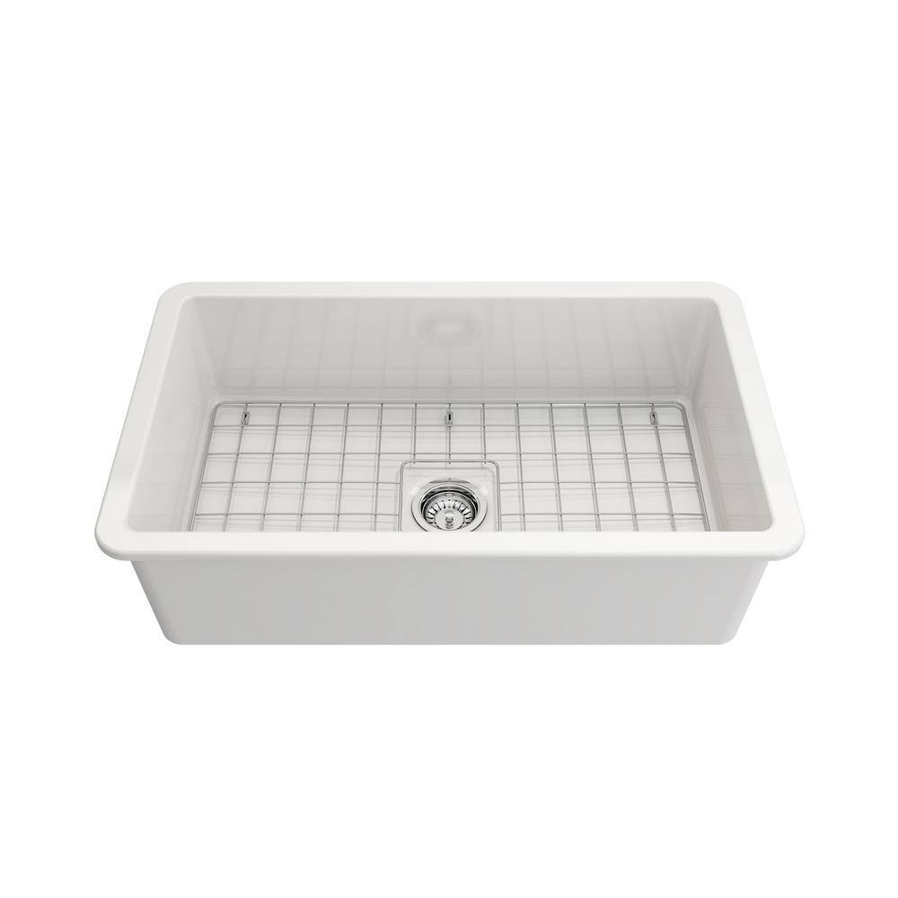 BOCCHI Sotto Undermount Fireclay 32 in. Single Bowl Kitchen Sink with Bottom Grid and Strainer in White 1362-001-0120