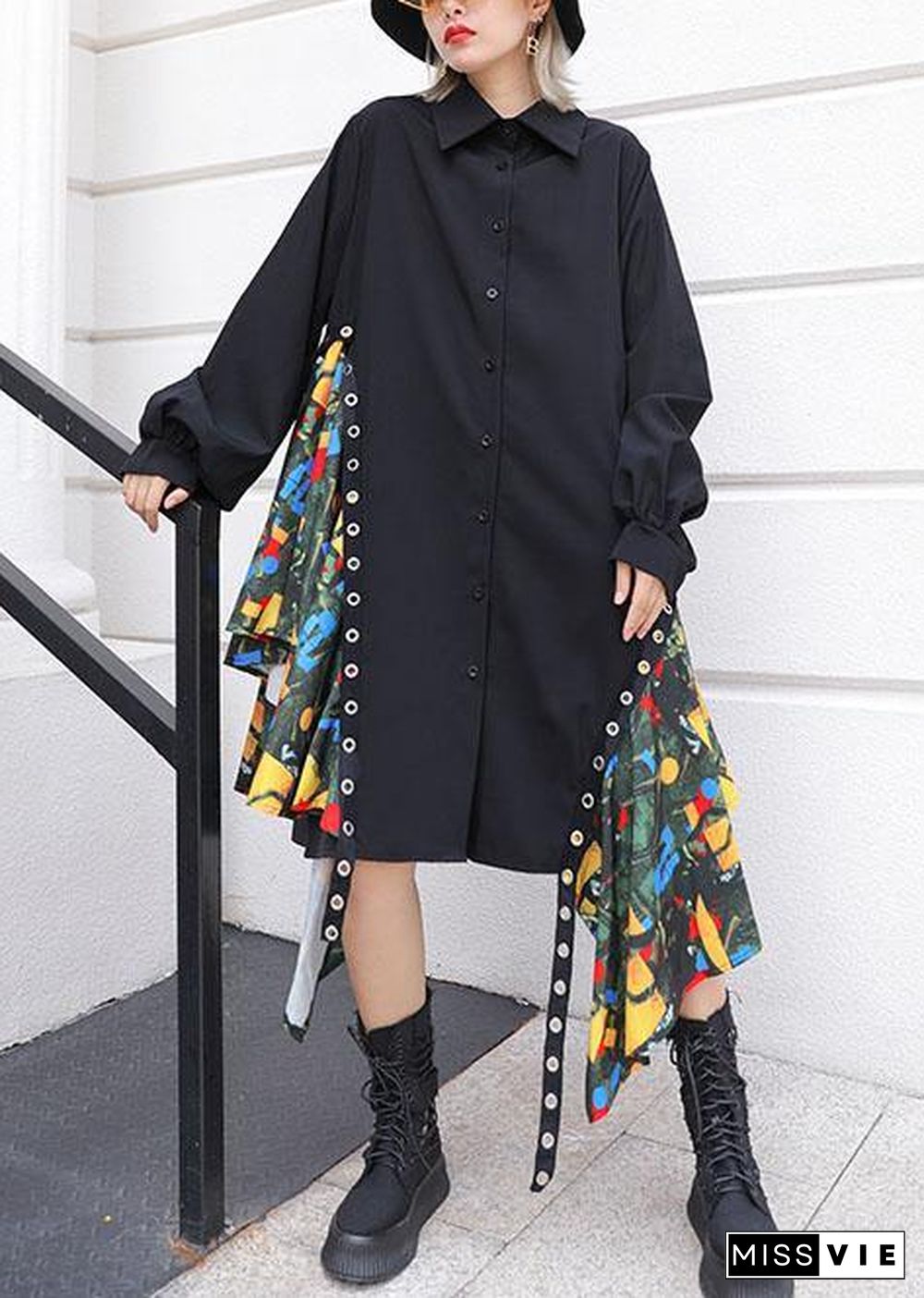 Beautiful black Cotton dress side patchwork Plus Size fall shirt Dress