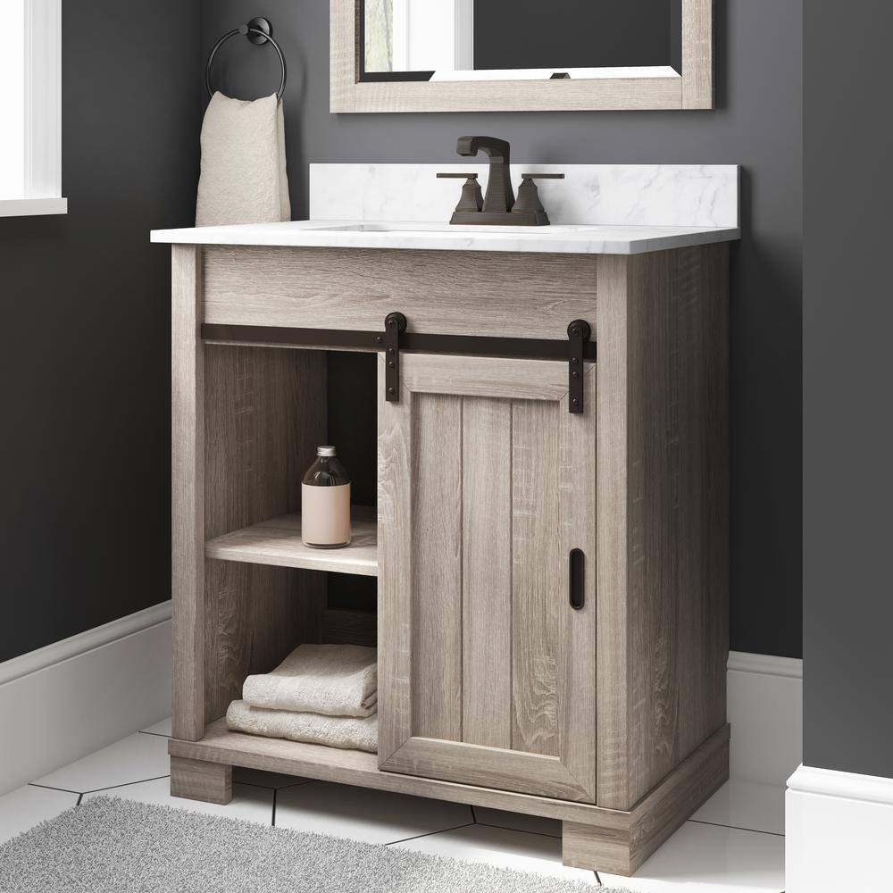 Glacier Bay Brindley 30 in. W x 20 in. D x 34.5 in. H Freestanding Bath Vanity in Gray w White Engineered Stone Top HDBD30VG