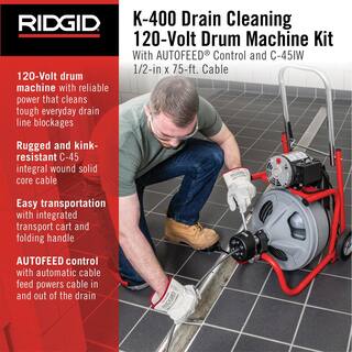 RIDGID K-400 AutoFeed Drain Cleaning Snake Auger 120-Volt Drum Machine and C-45IW 12 in. x 75 ft. Cable + Tool Set  Gloves 27013