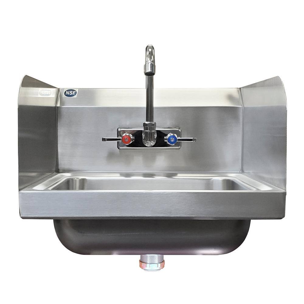 AMGOOD 17 in. x 15 in. Commercial Stainless Steel Wall Mounted Hand Sink with Side Splash and Gooseneck Faucet. NSF Certified HAND-SINK HS-17SS