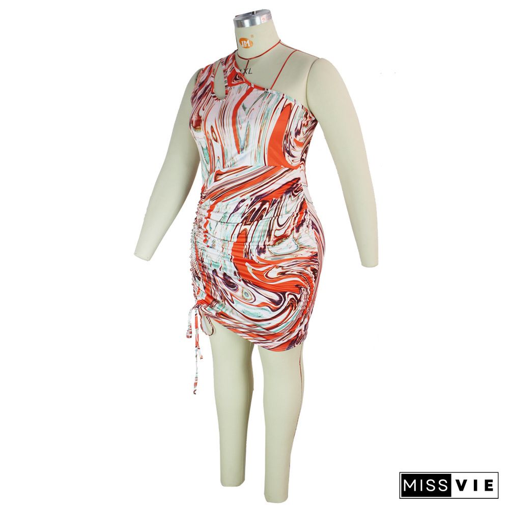 Plus Size Tie Dye One Shoulder Sleeveless Drawstring Ruched Bodycon Party Club Summer Women Dress