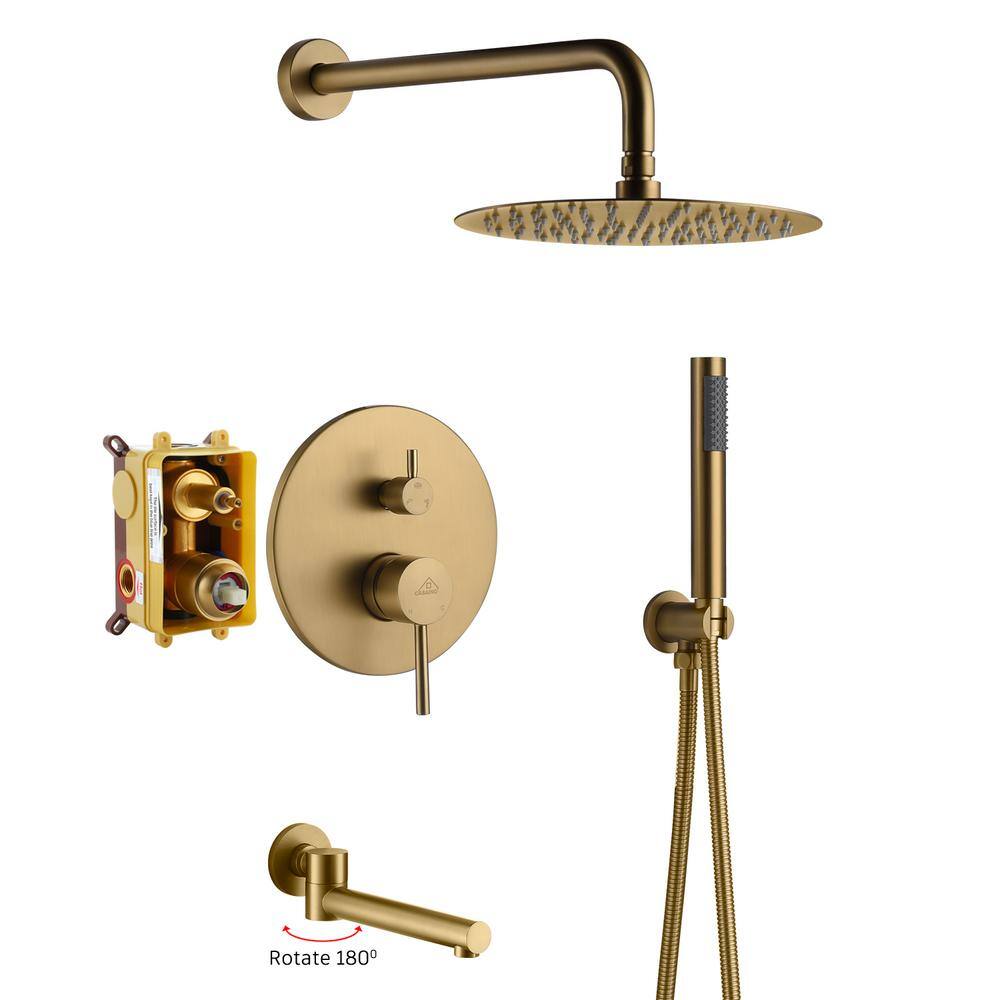 CASAINC 1-Spray Patterns Round 10 in. Wall Mount Dual Shower Heads with Handheld and Tub Faucet in Brushed Gold M6202-A-10-BG