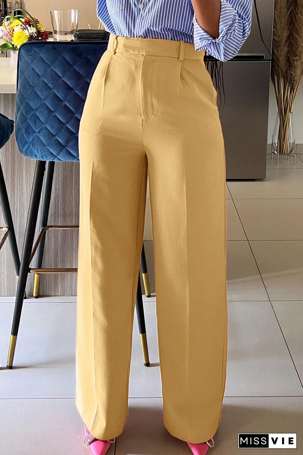 Solid Pocket Detail High Waist Straight Leg Pants